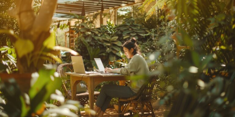 Woman in a cafe surrounded by loads of plants